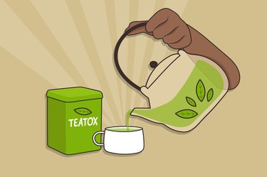 custom graphic of a tea detox or "teatox". persons arm pouring tea from a kettle into a cup next to a box that says "teatox"